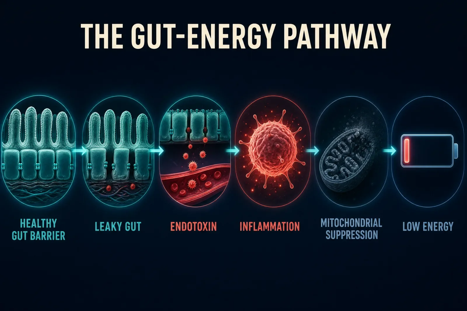Pathway diagram from gut permeability through endotoxin release to mitochondrial dysfunction