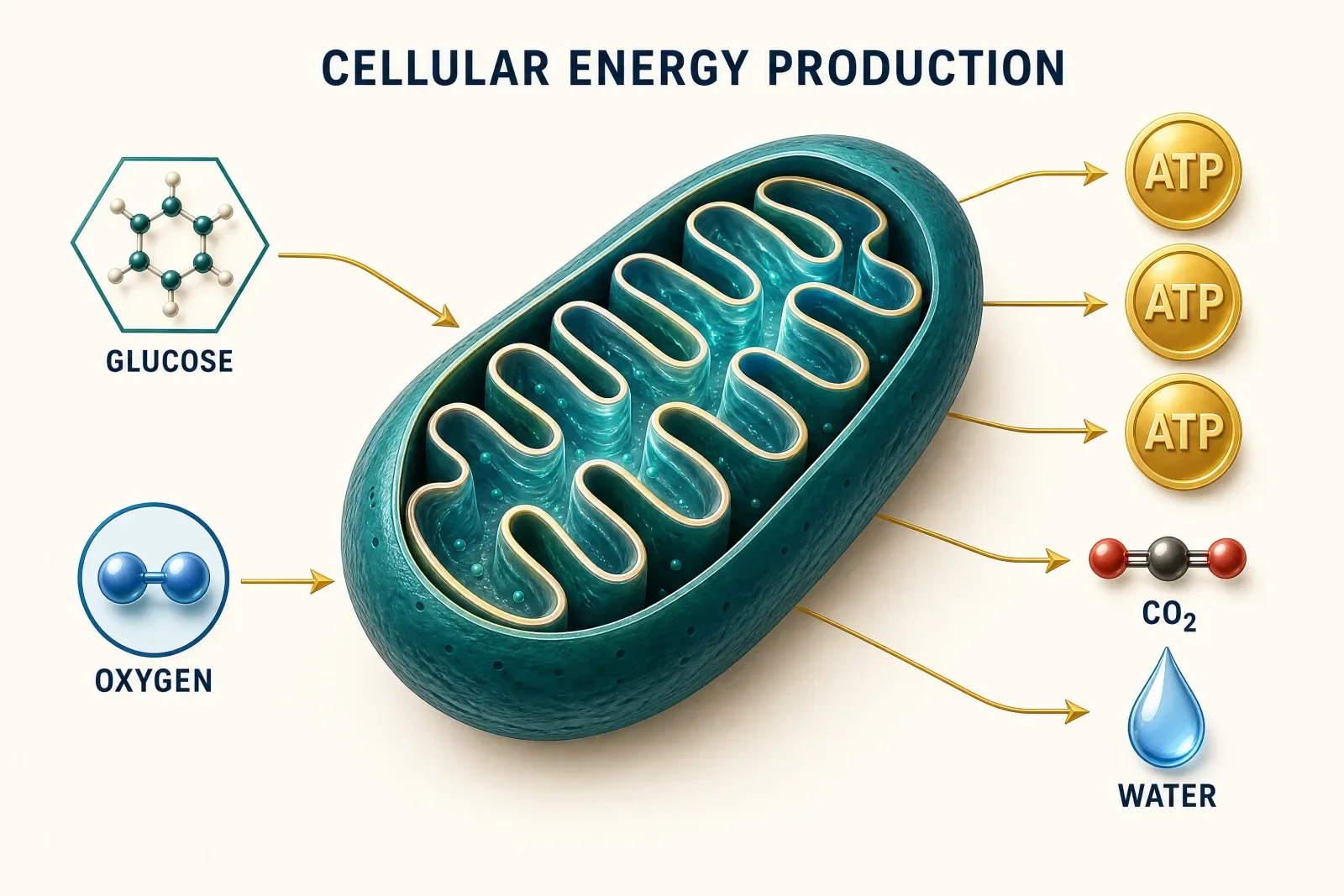 Diagram of cellular energy production, from nutrients and oxygen through the mitochondria to ATP