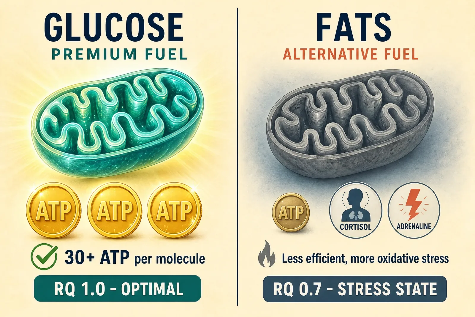 Side-by-side comparison of glucose and fat as cellular fuel sources