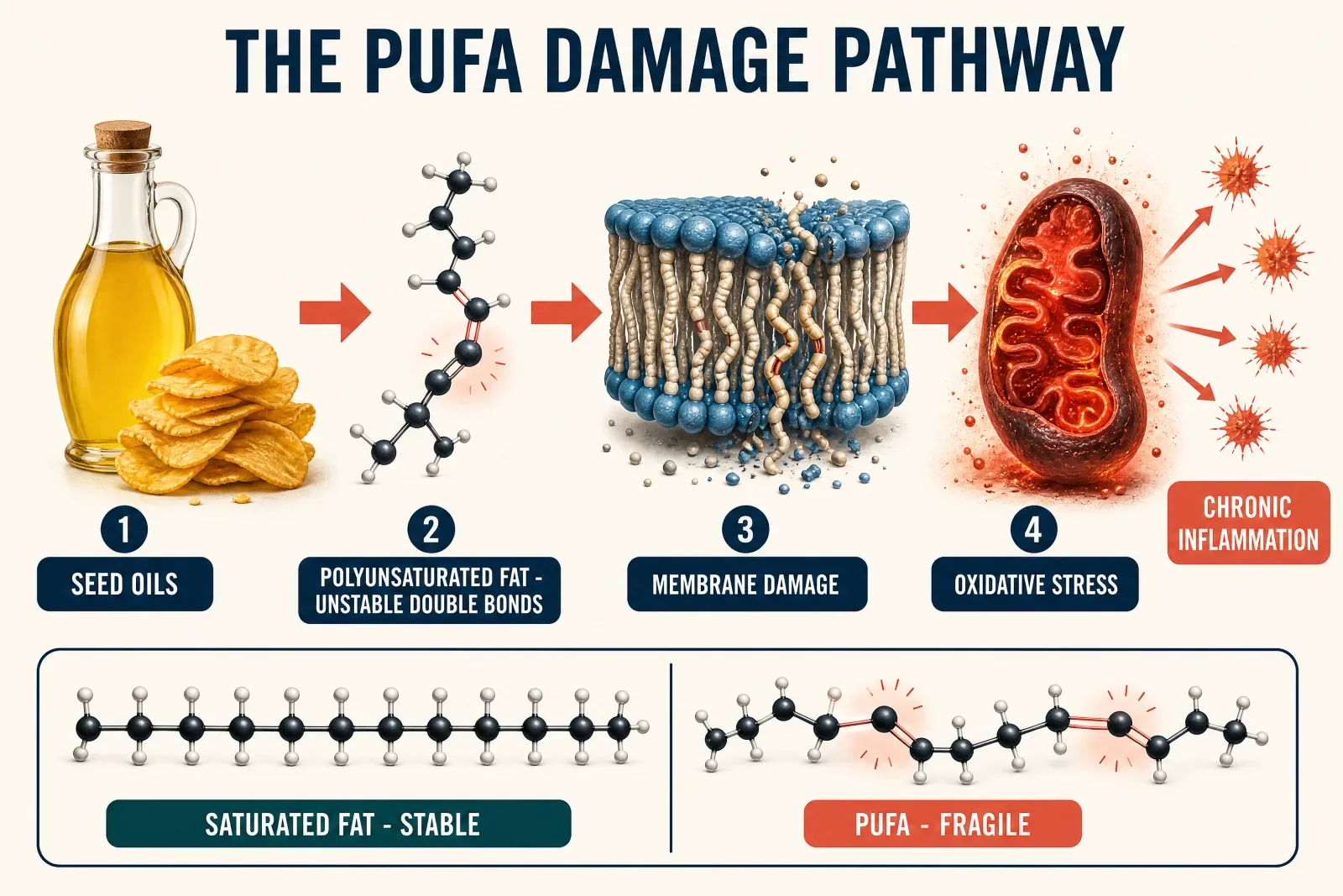 Pathway diagram of PUFA damage from membrane integration to metabolic disruption