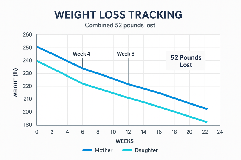 Weight chart documenting Emma & Carol's combined change over 16 weeks