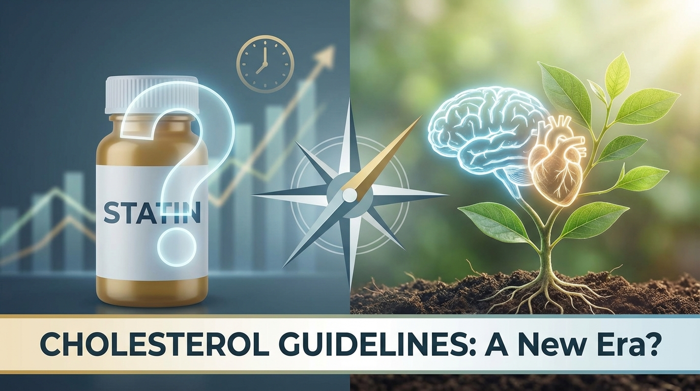 Scientific visualization of cholesterol molecules and pharmaceutical pills against a backdrop of cellular structures and brain neurons, representing the tension between medication and essential biological function