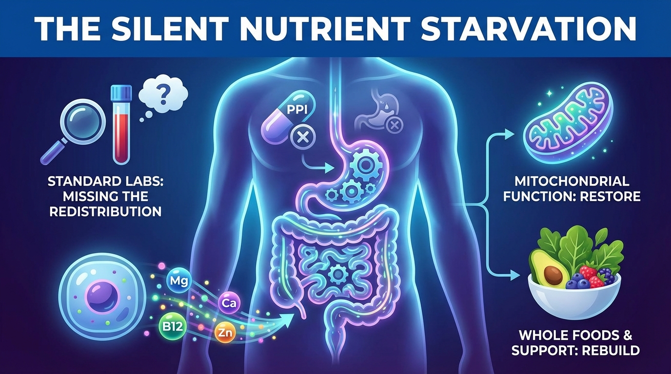 Scientific visualization of cellular nutrient pathways being disrupted by acid suppression medication, showing minerals being rerouted away from healthy cells in a modern, clinical aesthetic