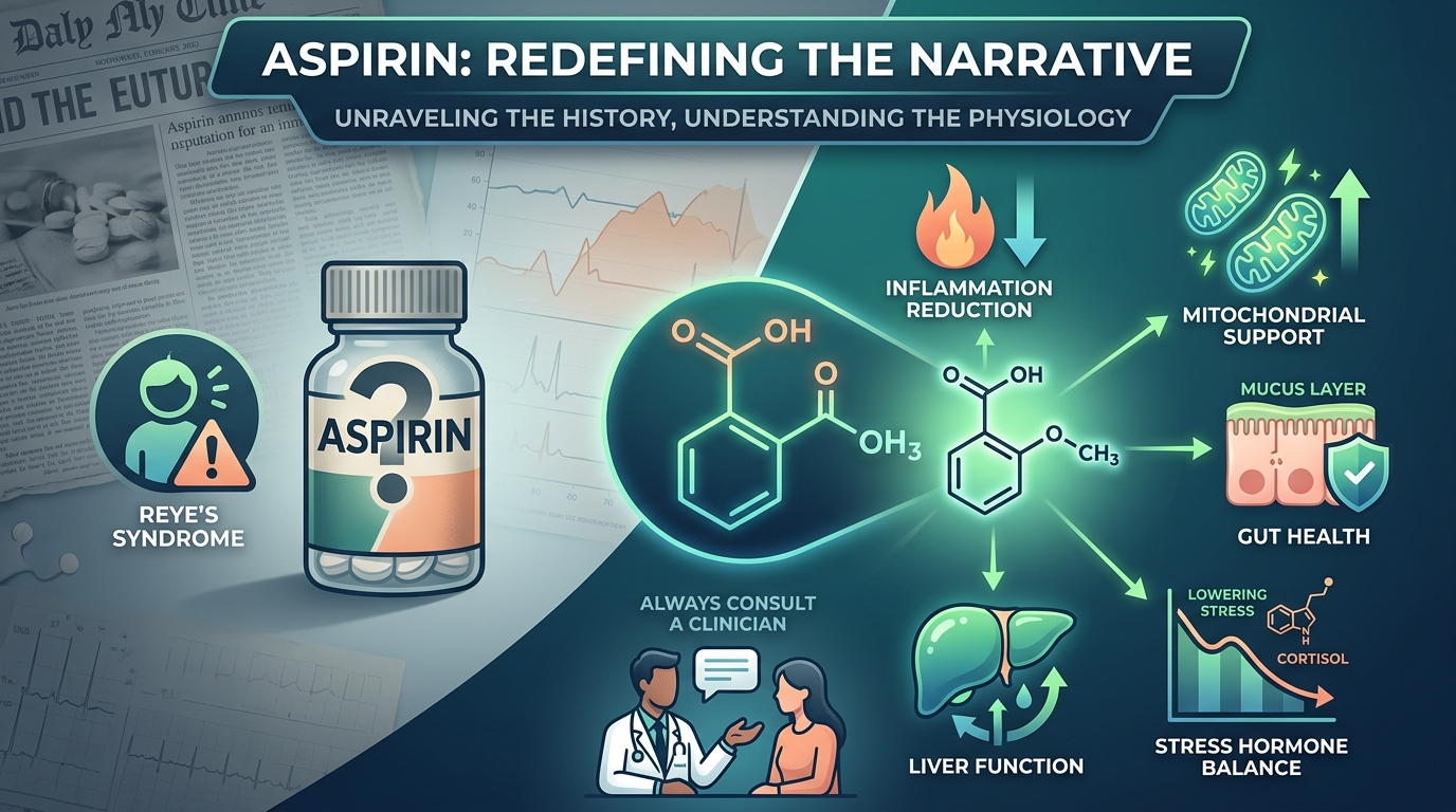 Split-panel infographic titled Aspirin: Redefining the Narrative. The muted left half shows faded 1980s newspaper clippings, an aspirin bottle with a question mark, and a Reye's syndrome warning icon. The glowing teal right half shows a salicylate molecule with arrows branching to icons for reduced inflammation, mitochondrial support, gut mucus layer protection, liver function, and lowered stress hormones, with a clinician and patient in conversation labeled always consult a clinician.