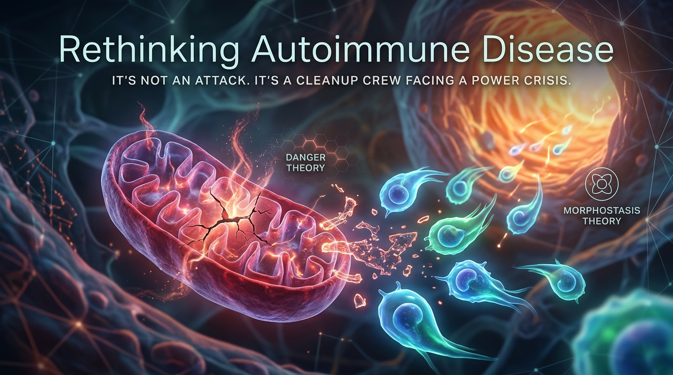 Stylized illustration of a damaged mitochondrion releasing fragments while immune cells arrive as a cleanup crew, with text overlays for Danger Theory and Morphostasis Theory, representing the bioenergetic view of autoimmune disease.