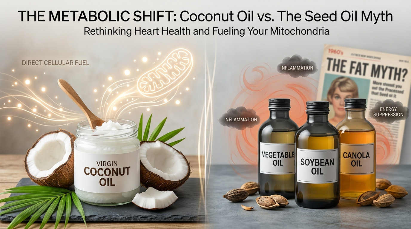 Split composition showing golden coconut oil with vibrant cellular energy on one side contrasted against dark inflammatory seed oils with damaged mitochondria on the other, representing the metabolic impact of dietary fat choices