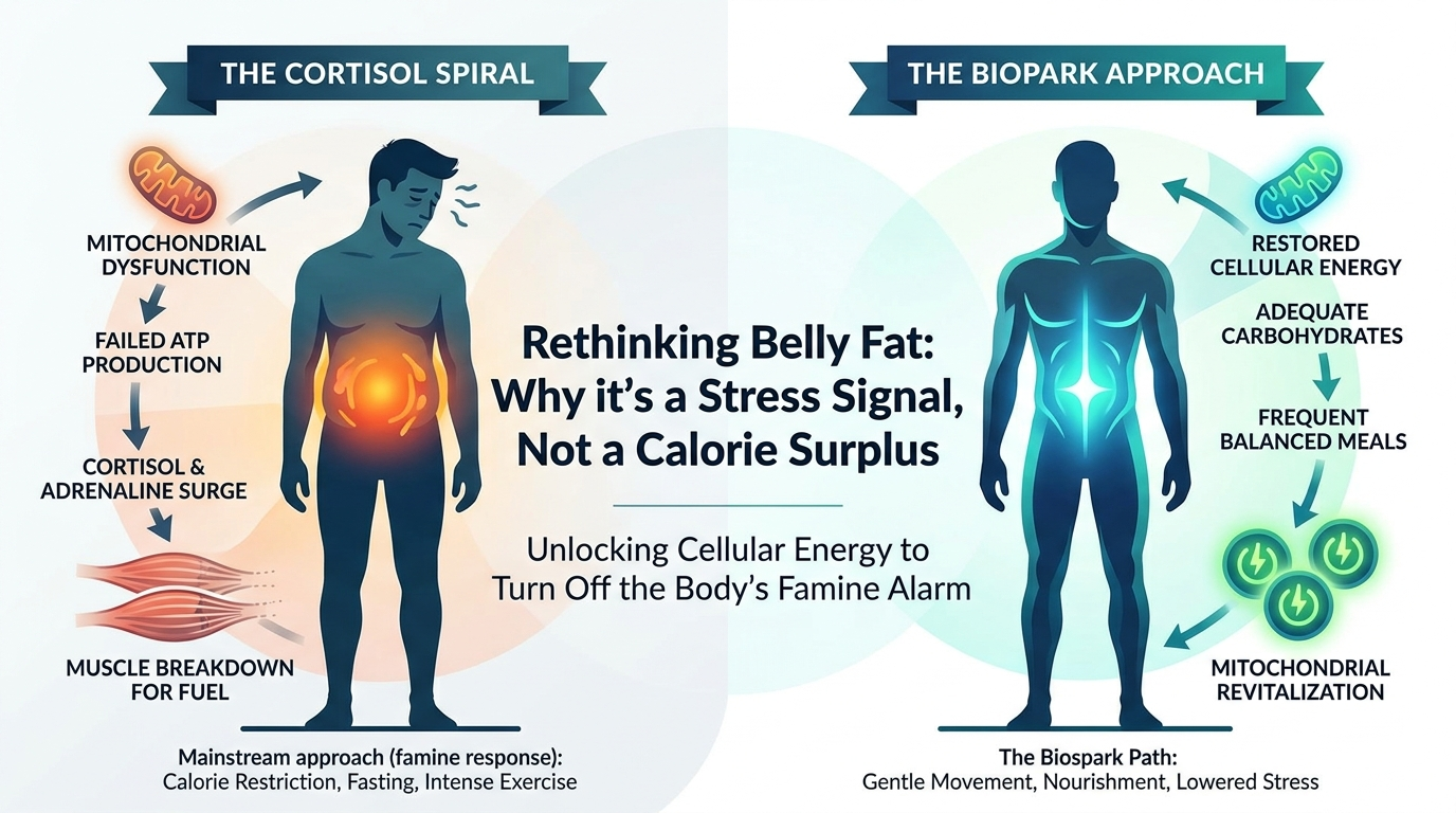 Cellular mitochondria transforming from depleted gray structures into vibrant golden organelles glowing with ATP energy, symbolizing the shift from cortisol-driven fat storage to restored metabolic health