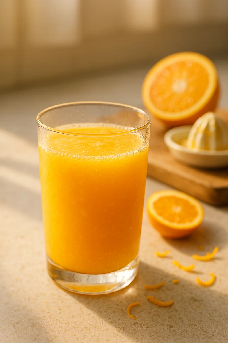 Freshly squeezed orange juice in a sunlit glass with vibrant color and natural pulp, symbolizing health without added sugar.