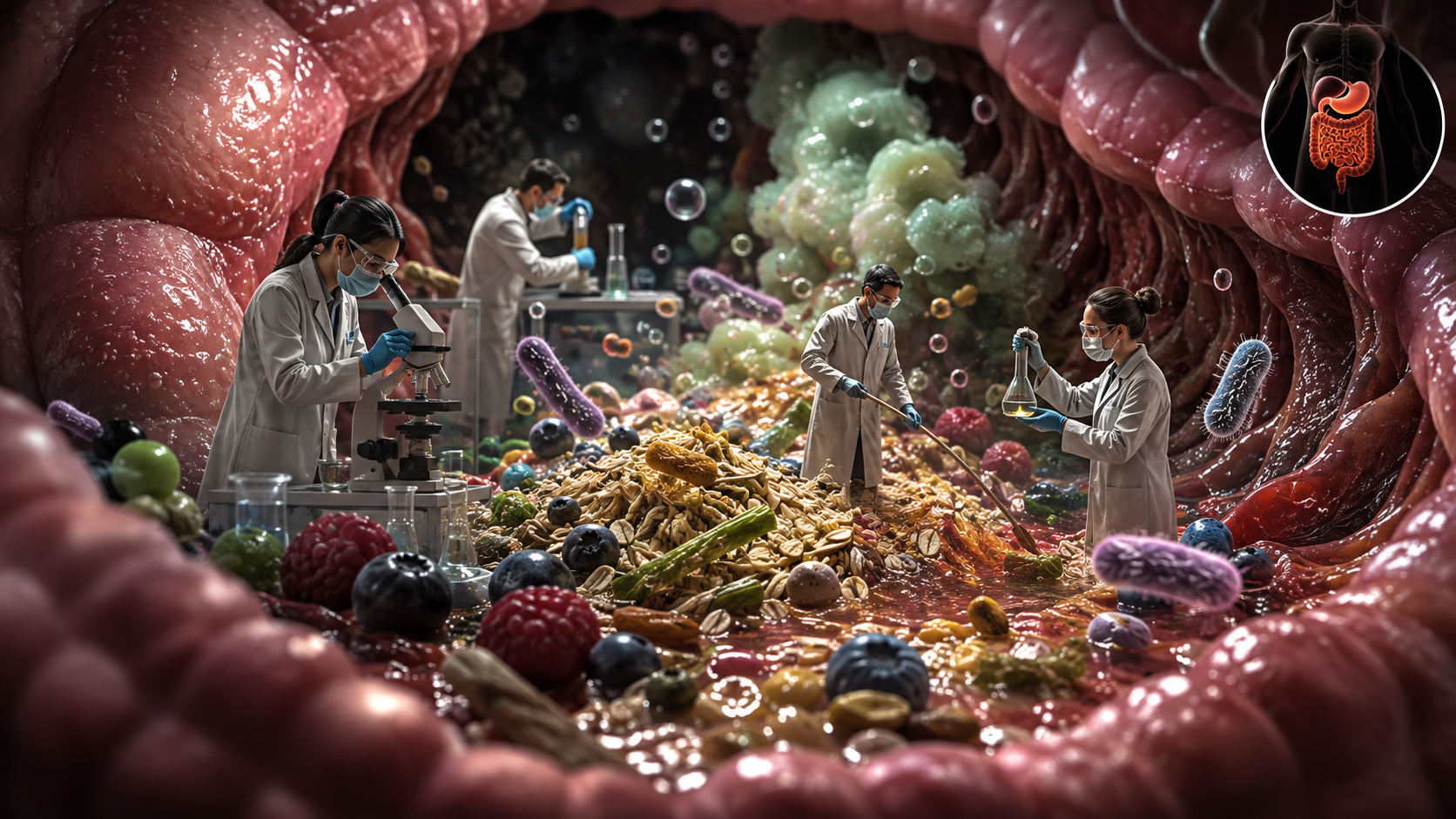 Surreal scene of tiny scientists in lab coats working with microscopes and flasks inside a pink intestinal tunnel, surrounded by piles of oats, berries, and vegetables, gas bubbles, and cartoon bacteria, illustrating fibermaxxing as a fermentation experiment inside the gut.