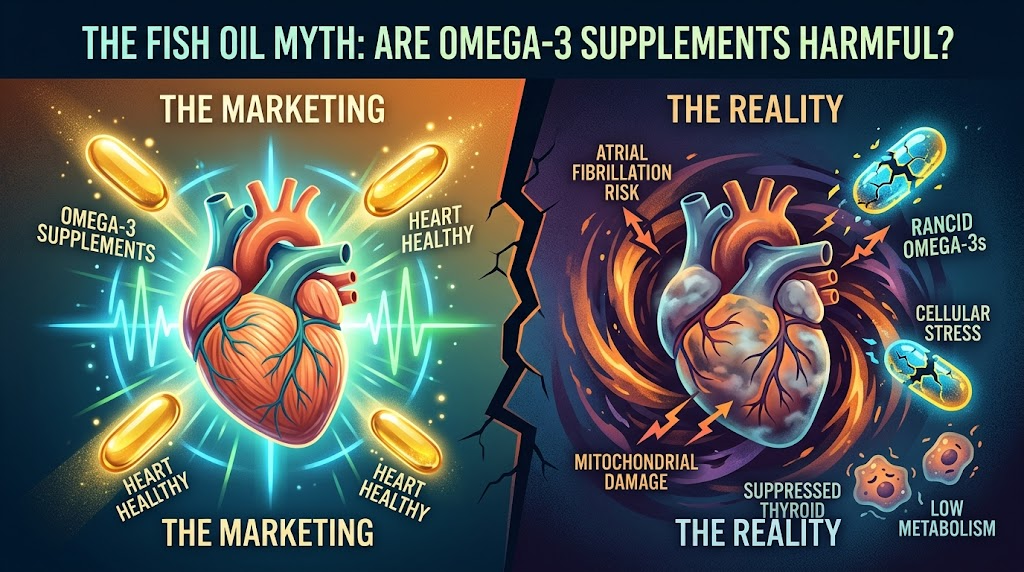 Split graphic contrasting fish oil marketing versus reality: on the left, omega-3 supplements around a healthy heart labeled heart-healthy; on the right, a stressed heart surrounded by atrial fibrillation risk, rancid omega-3s, mitochondrial damage, cellular stress, and a lowered metabolism