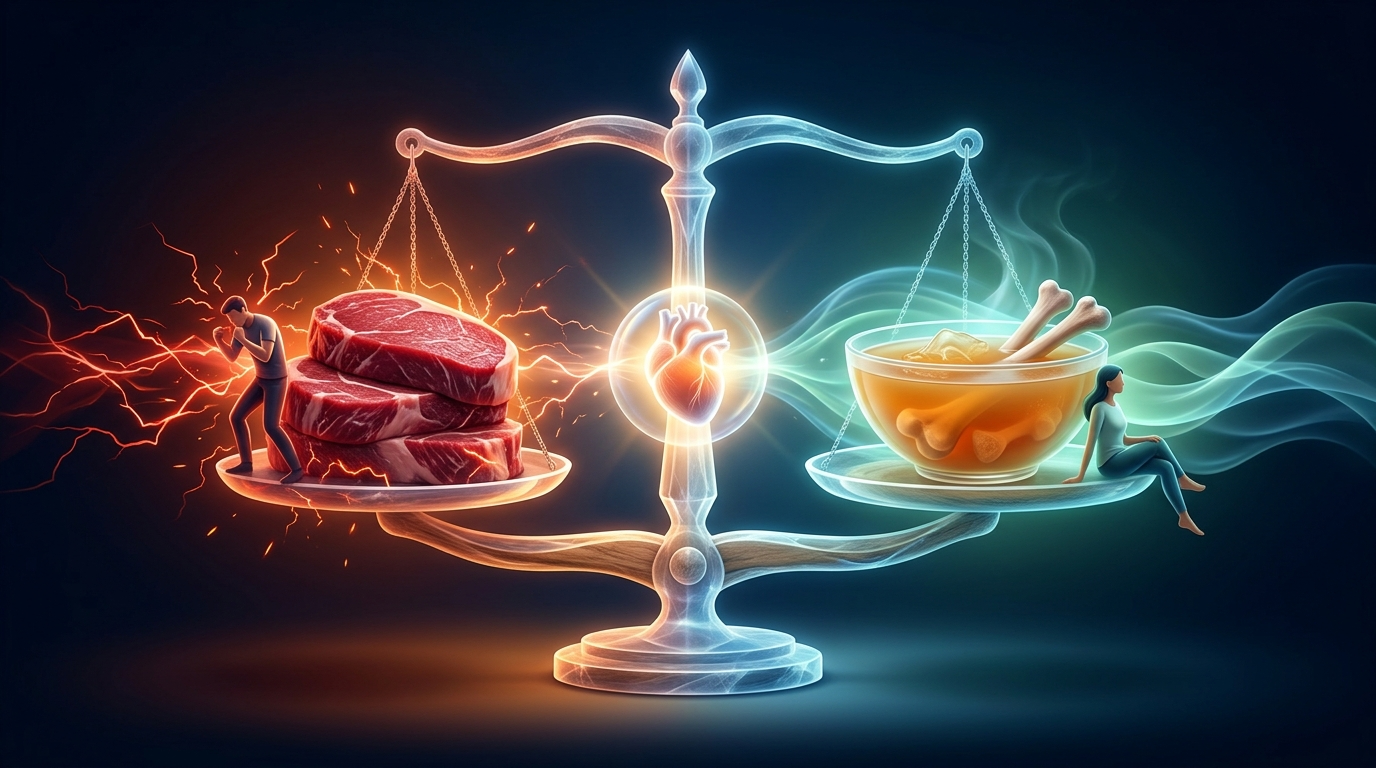 A glowing balance scale weighing stacked red steaks, surrounded by jagged red stress lightning, against a bowl of golden bone broth with bones, surrounded by calm teal light, illustrating how glycine from collagen counterbalances the methionine load of muscle meat.