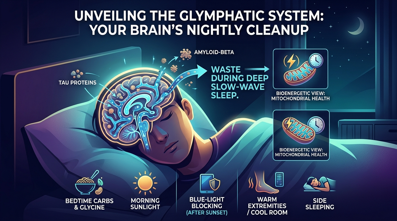 A sleeping brain at night glowing with soft neural light, streams of luminous cerebrospinal fluid flowing through its drainage channels and washing away blue-tinted amyloid plaques, symbolizing the glymphatic system clearing dementia-causing proteins during deep sleep