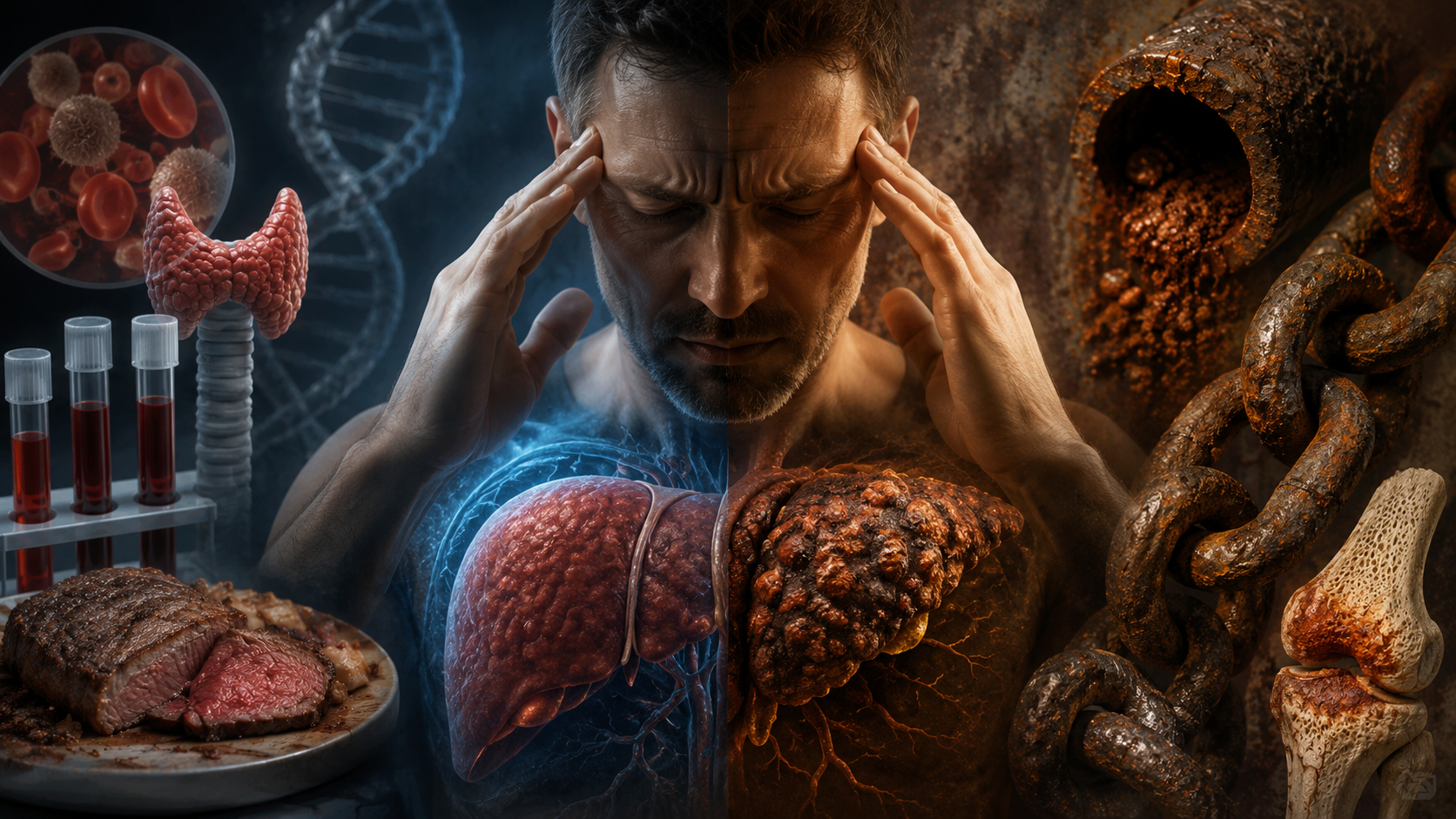 A man pressing his temples, his body split between a healthy blue-lit liver and a rust-colored, damaged liver, flanked by blood test tubes, a thyroid gland, a plate of red meat, a rusted pipe pouring iron flakes, corroded chains, and an inflamed joint, representing iron overload and high ferritin.