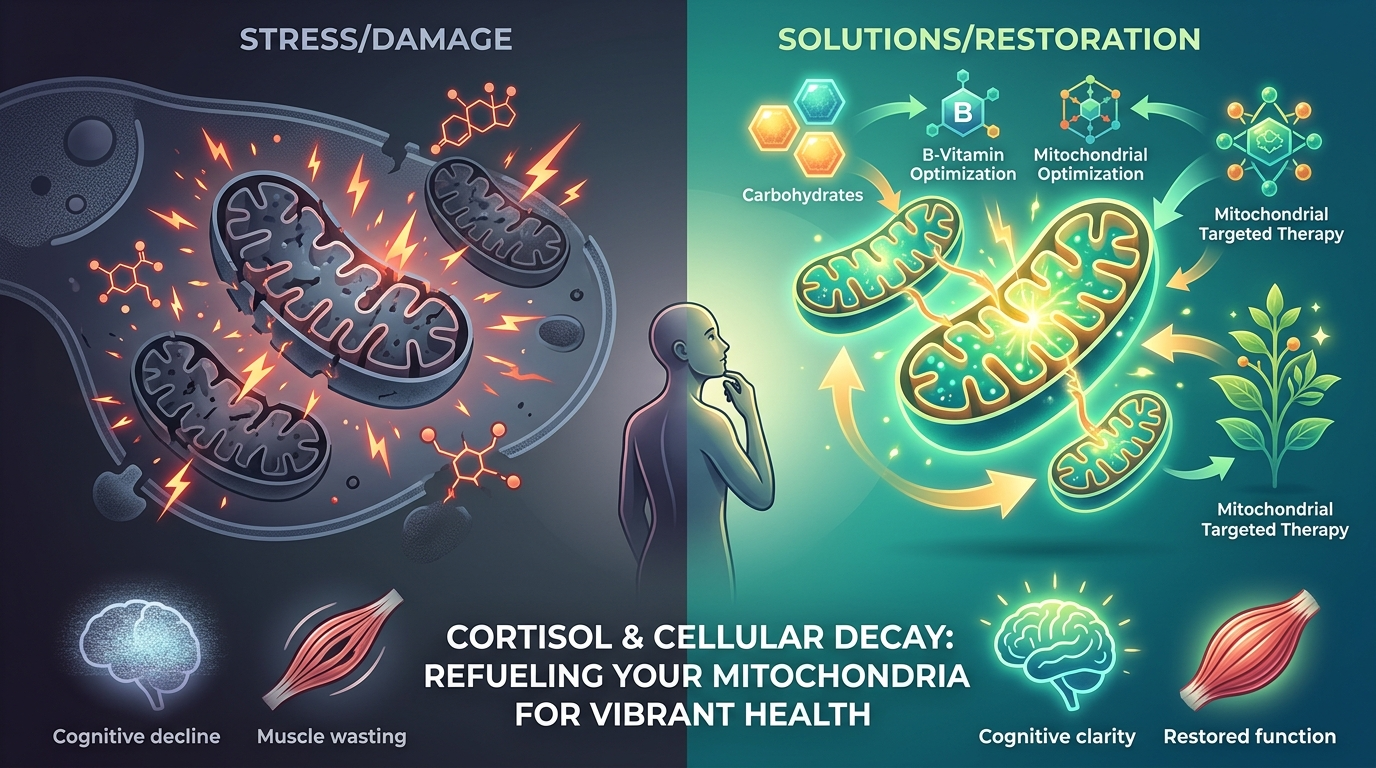 Abstract visualization of mitochondria under chronic stress, showing damaged cellular energy structures being disrupted by cortisol molecules, with a contrast between depleted and restored energy-producing organelles