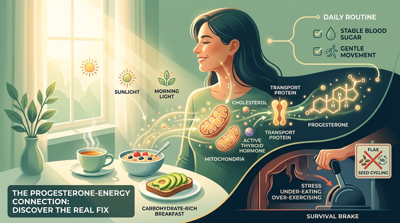 Illustrated diagram of a woman at a sunlit breakfast table, with glowing pathways tracing cholesterol into her mitochondria, through a transport protein activated by thyroid hormone, and out as a progesterone molecule; an inset panel shows a hand pulling a survival brake labeled stress, under-eating, and over-exercising, next to a crossed-out flax and seed cycling sign.