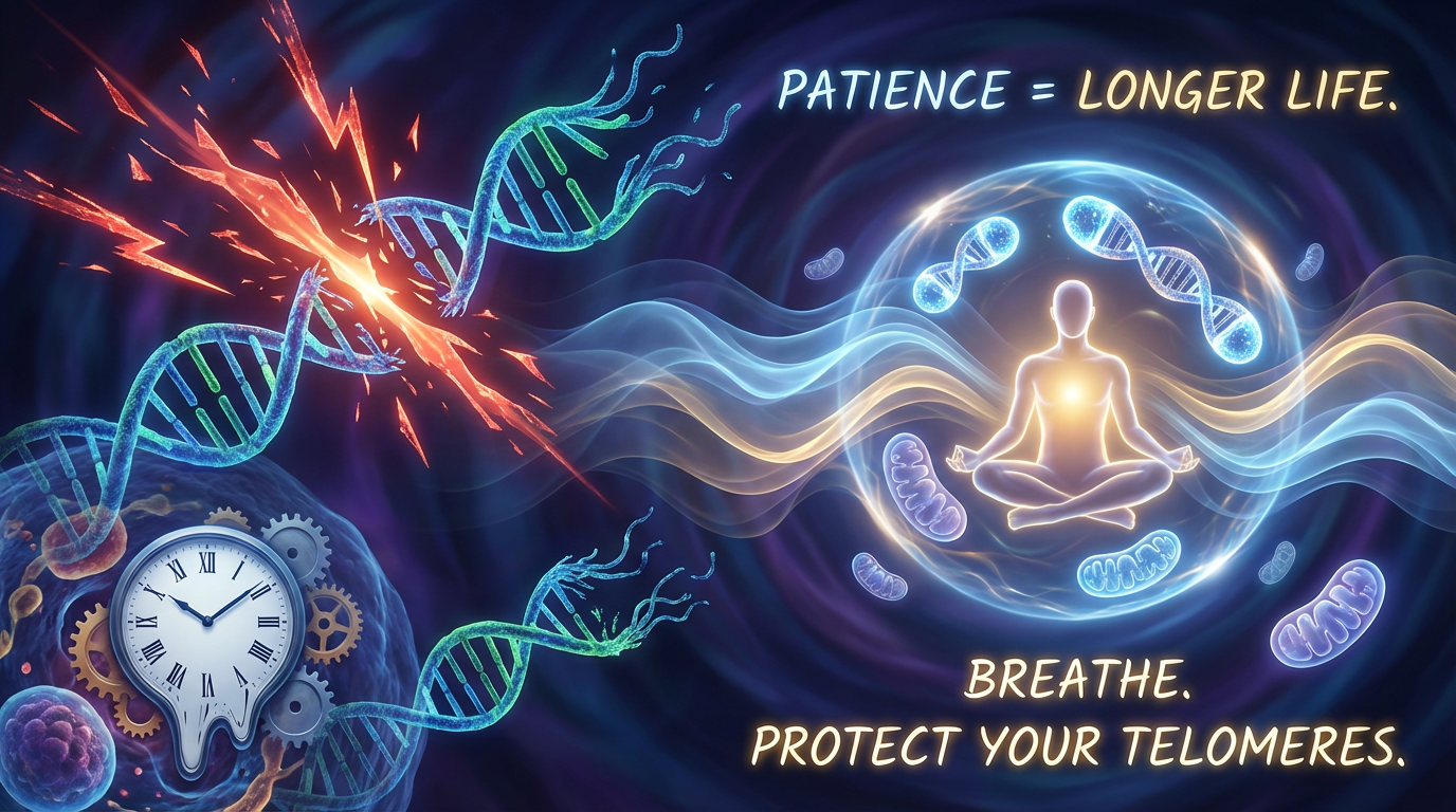Abstract visualization of DNA telomeres transforming from shortened, depleted protective caps to longer vibrant ones, with flowing strands of genetic material glowing with cellular energy. The composition evokes the passage of time, patience, and cellular renewal, connecting inner mental states to physical aging at the molecular level.
