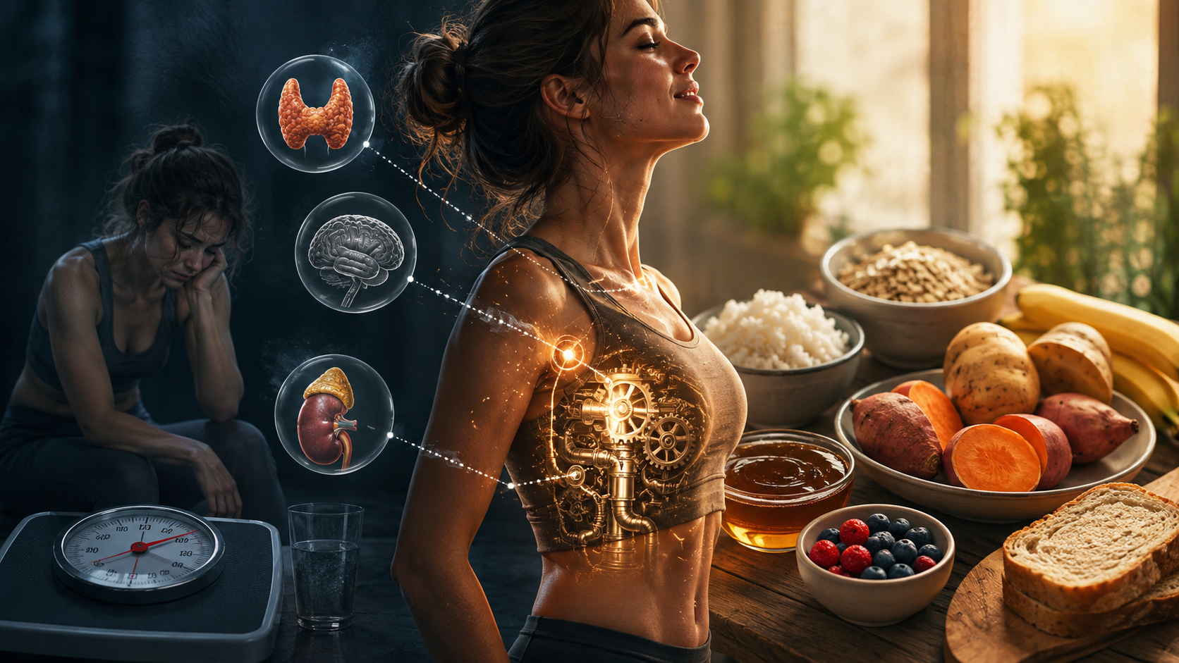 Split scene of a woman slumped beside a bathroom scale on the left and standing energized in warm light on the right, glowing gears inside her torso linked to a thyroid, brain, and kidney, with bowls of rice, sweet potatoes, honey, berries, bananas, and bread on a wooden table representing carbohydrates returning after keto or carnivore.