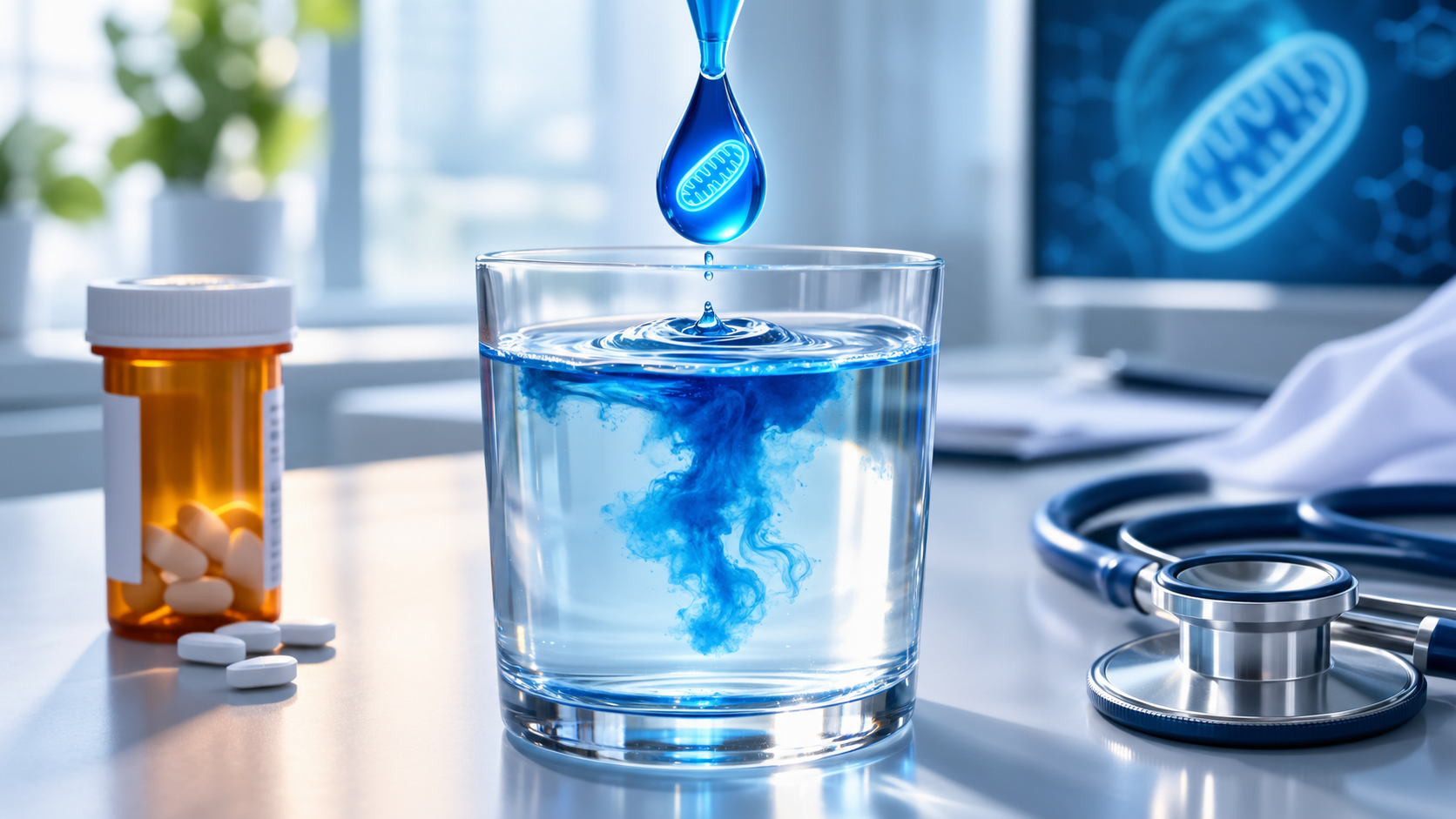 A single vivid blue drop of methylene blue with a glowing mitochondrion inside falls into a glass of water on a clean clinical desk, beside an orange prescription pill bottle with white tablets and a stethoscope, with a mitochondrion diagram on a screen in the background.