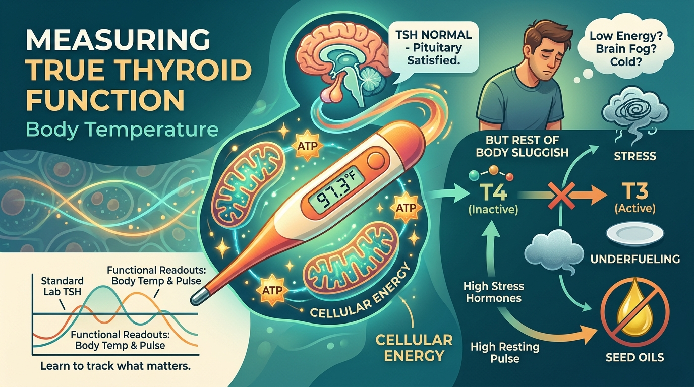 A thermometer and warm glowing cellular energy illustrating body temperature as the true measure of thyroid metabolic health, evoking the theme that a normal TSH test can miss real hypothyroidism.