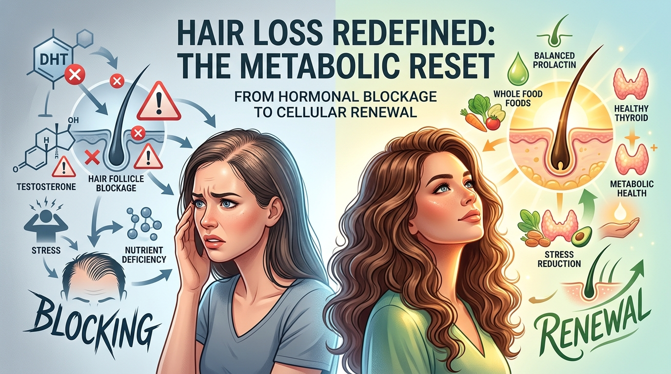 A stylized scientific illustration of a hair follicle regenerating from a dormant state into healthy growth, rendered in warm golden and teal tones, with abstract symbols suggesting the connection between prolactin, thyroid, and stress hormones in hair health