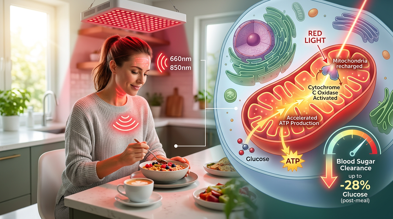 Glowing red and orange mitochondria energized by red light, illustrating how near-infrared wavelengths recharge cellular energy production and help clear blood sugar for a faster metabolism