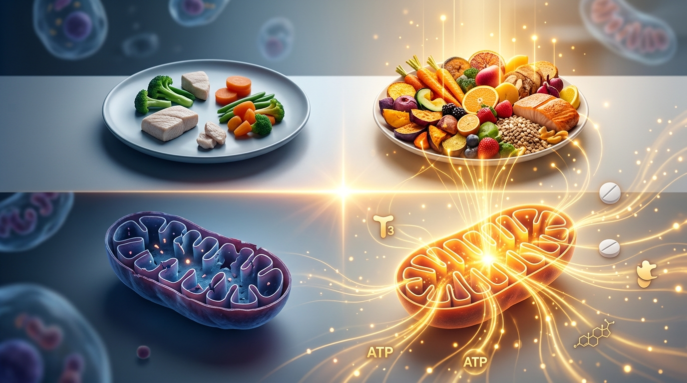 Split-screen visualization contrasting a sparse AIP-style plate with a vibrant, abundant bioenergetic plate above a damaged mitochondrion next to a glowing healthy mitochondrion producing ATP, illustrating how to reverse autoimmune disease through cellular energy restoration.