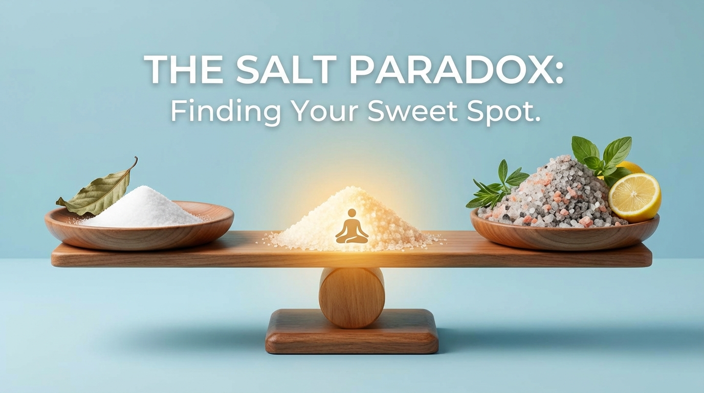 Abstract visualization of a balanced scale with two pans finding equilibrium, representing the optimal salt intake sweet spot between deficiency and excess, with warm golden tones suggesting health and vitality