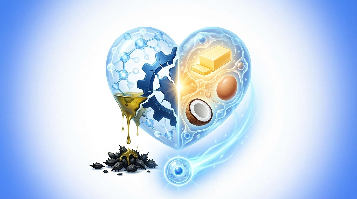 Premium health publication style illustration showing the truth about saturated fat and cholesterol. On one side, wholesome foods like butter, eggs, and coconut oil represent traditional healthy fats. On the other, industrial seed oil bottles symbolize the flawed dietary advice of the past 50 years. Clean white background with subtle blue gradients, modern scientific aesthetic with molecular motifs, bright and hopeful tone.