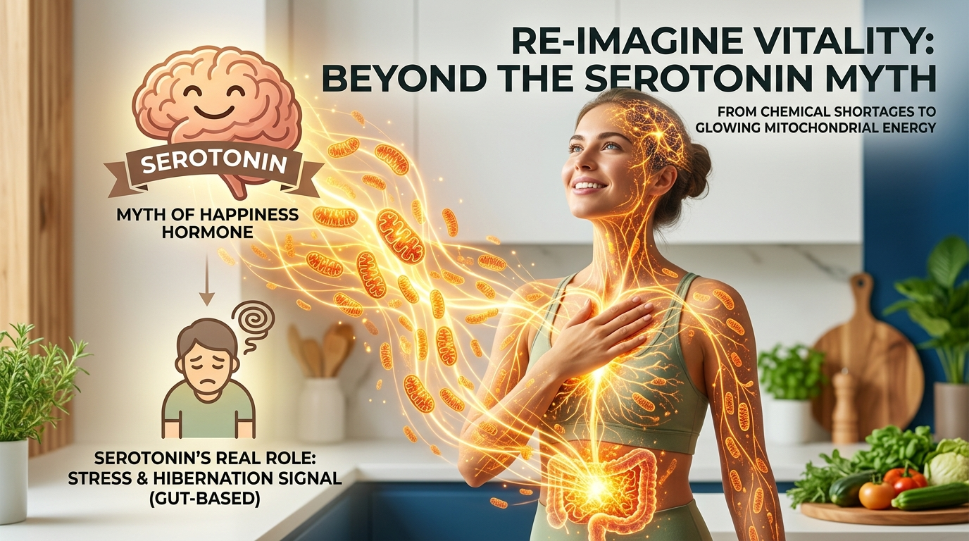 A smiling woman in a bright kitchen with glowing golden mitochondria and energy pathways illuminating her body from gut to brain, with labels reframing serotonin from the happiness hormone to a gut-based stress and hibernation signal, illustrating mood and vitality as a matter of cellular metabolic energy.
