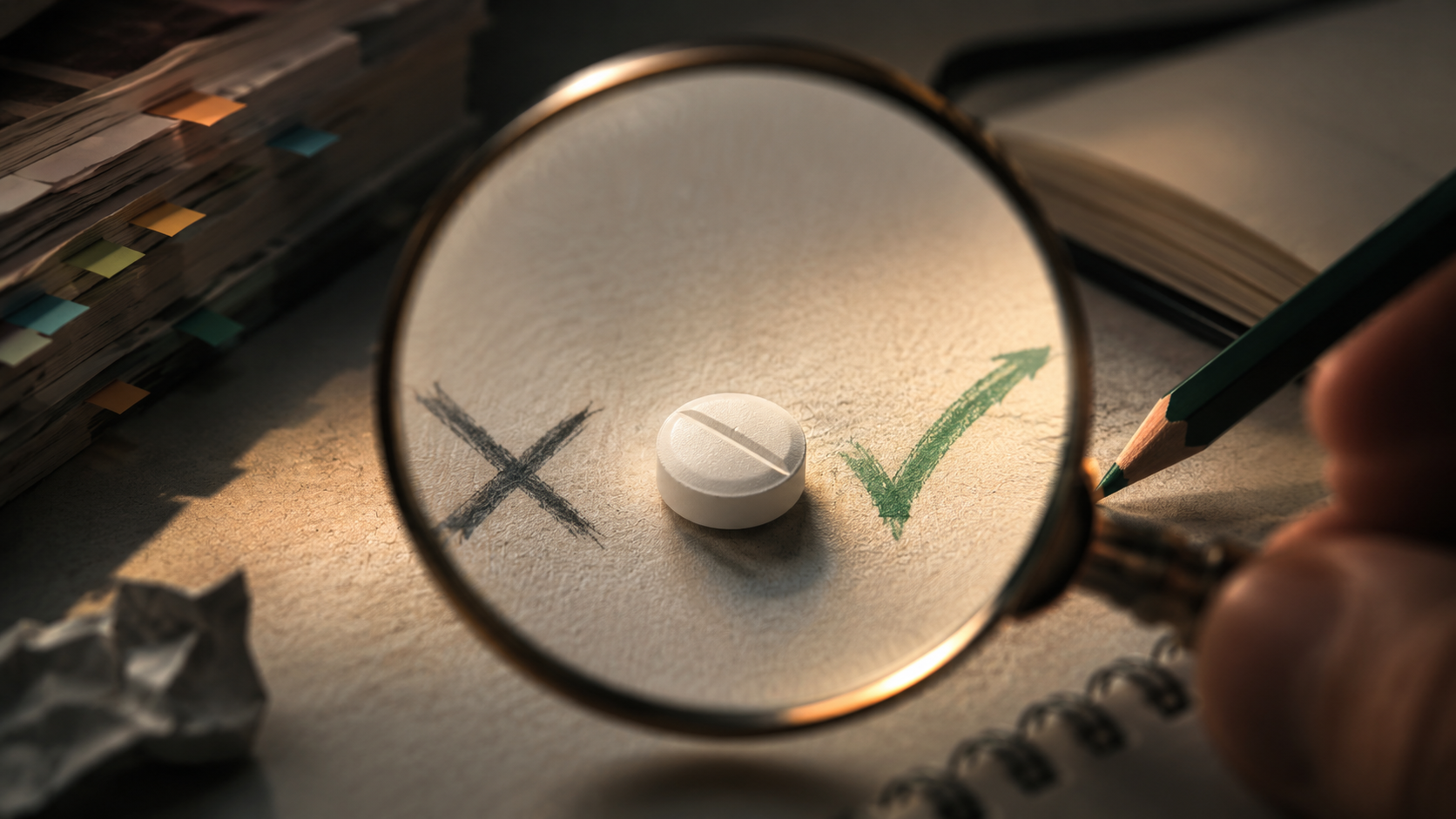 A single white aspirin tablet under a magnifying glass on a desk, a pencil-drawn X on one side and a green check mark on the other, with a stack of tabbed research papers and an open notebook, representing a physician re-examining daily aspirin after the ASPREE-XT trial.
