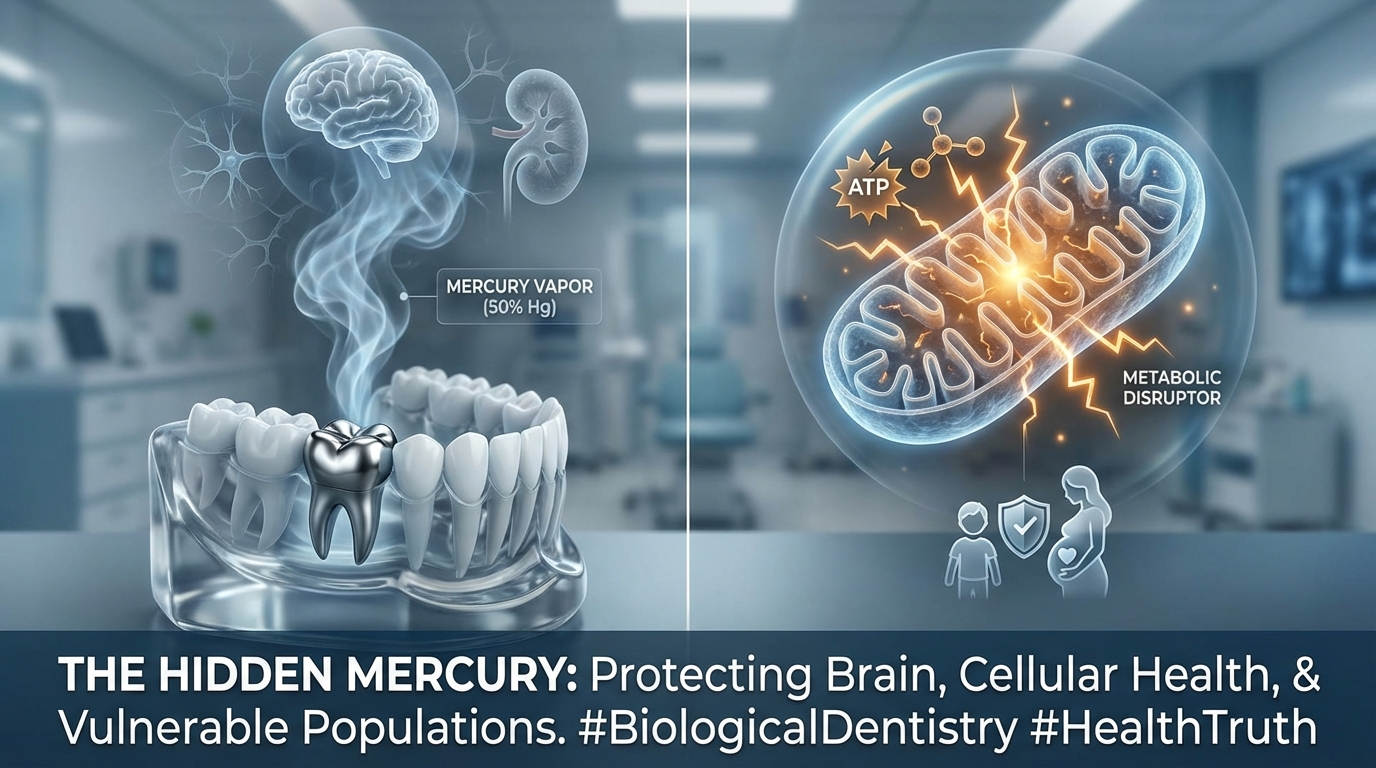 Scientific visualization showing dental fillings releasing mercury vapor into brain and cellular tissue, illustrating the metabolic disruption caused by dental amalgam mercury exposure