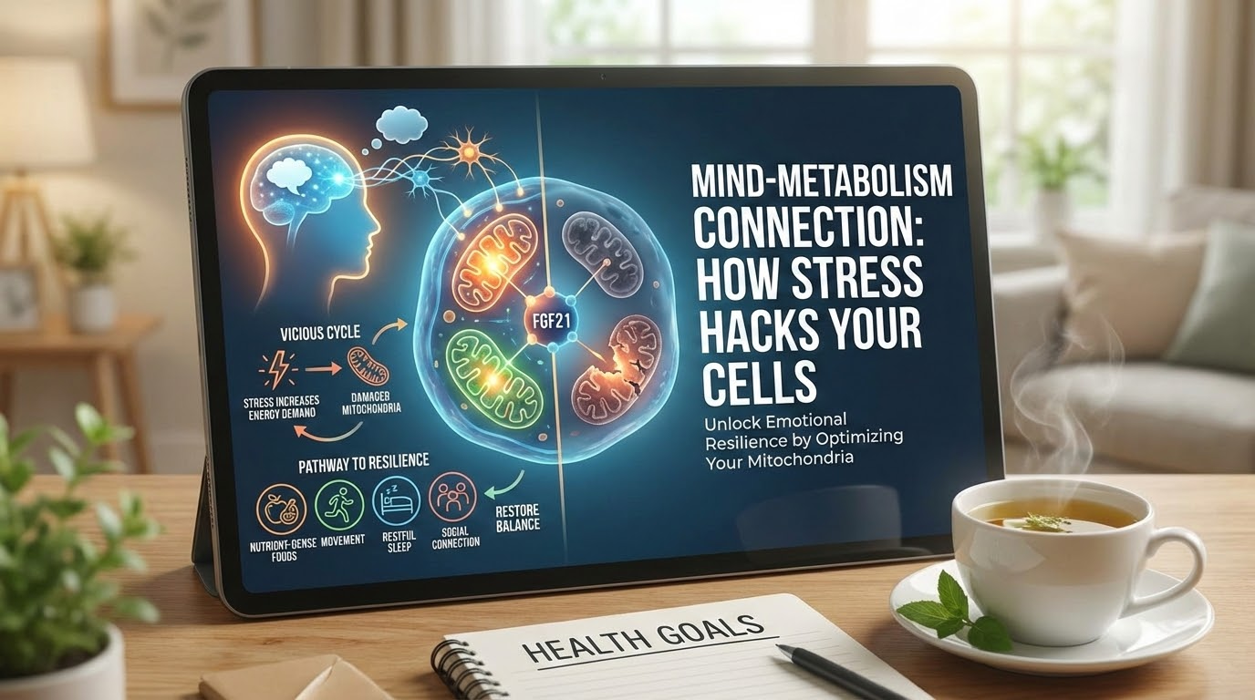 Abstract visualization of cellular mitochondria transforming from depleted gray structures under stress to vibrant energized organelles glowing with golden ATP energy, representing the connection between psychological stress and metabolic health at the cellular level
