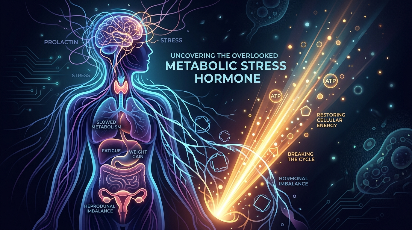 Abstract scientific visualization of a glowing pituitary gland at the center of a web of hormonal feedback loops, with cellular energy pathways dimming under the influence of an elevated stress hormone, rendered in deep blues and amber tones
