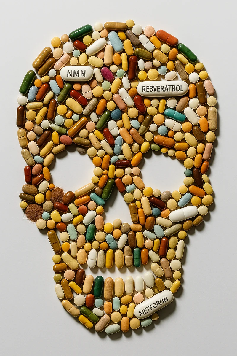 Overhead flat lay photograph of hundreds of colorful supplement pills, capsules, and powders arranged to form a skull shape