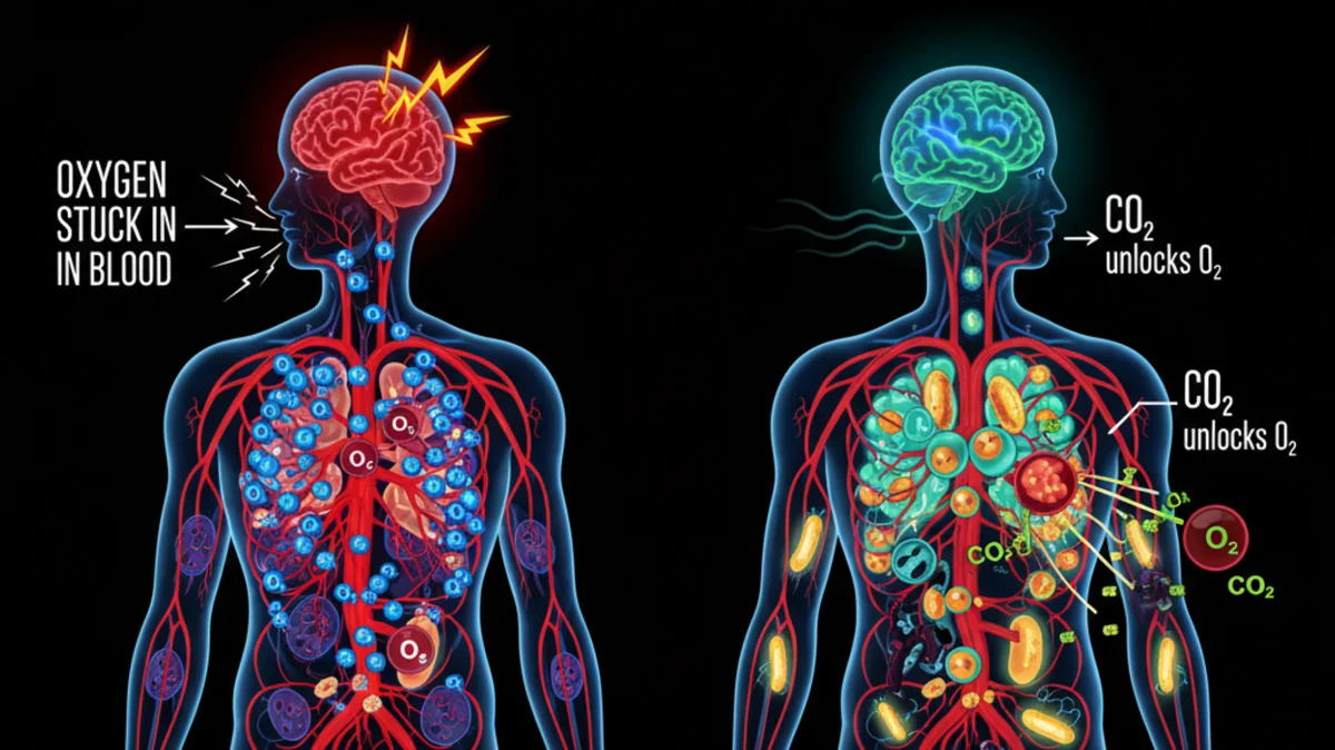 Medical illustration comparing panic attack versus calm state: left = hyperventilation causing cellular oxygen deprivation