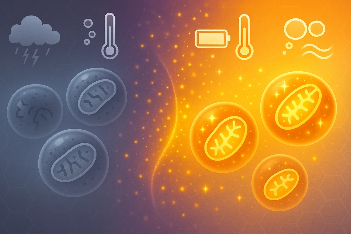 Cellular energy transformation diagram showing depleted cells with weak mitochondria on left transitioning to vibrant energized cells with glowing ATP production on right, illustrating the bioenergetic approach to metabolic health and increased vitality through cellular power optimization