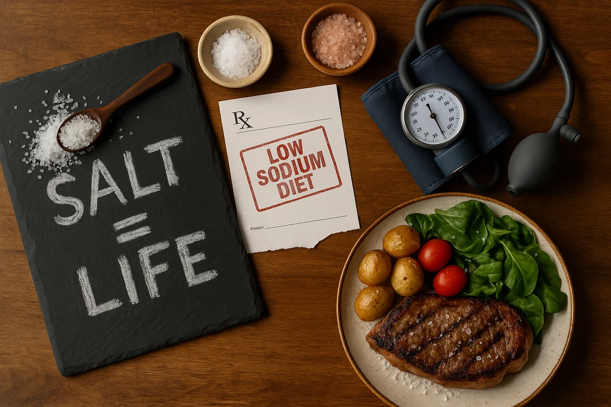 Top-down view of a rustic table featuring a slate board with “SALT = LIFE” written in chalk and a wooden spoon filled with coarse sea salt. Beside it lies a torn prescription labeled “LOW SODIUM DIET,” a blood pressure cuff, two bowls of natural salts, and a nutrient-dense plate with grilled steak, baby potatoes, cherry tomatoes, and spinach.