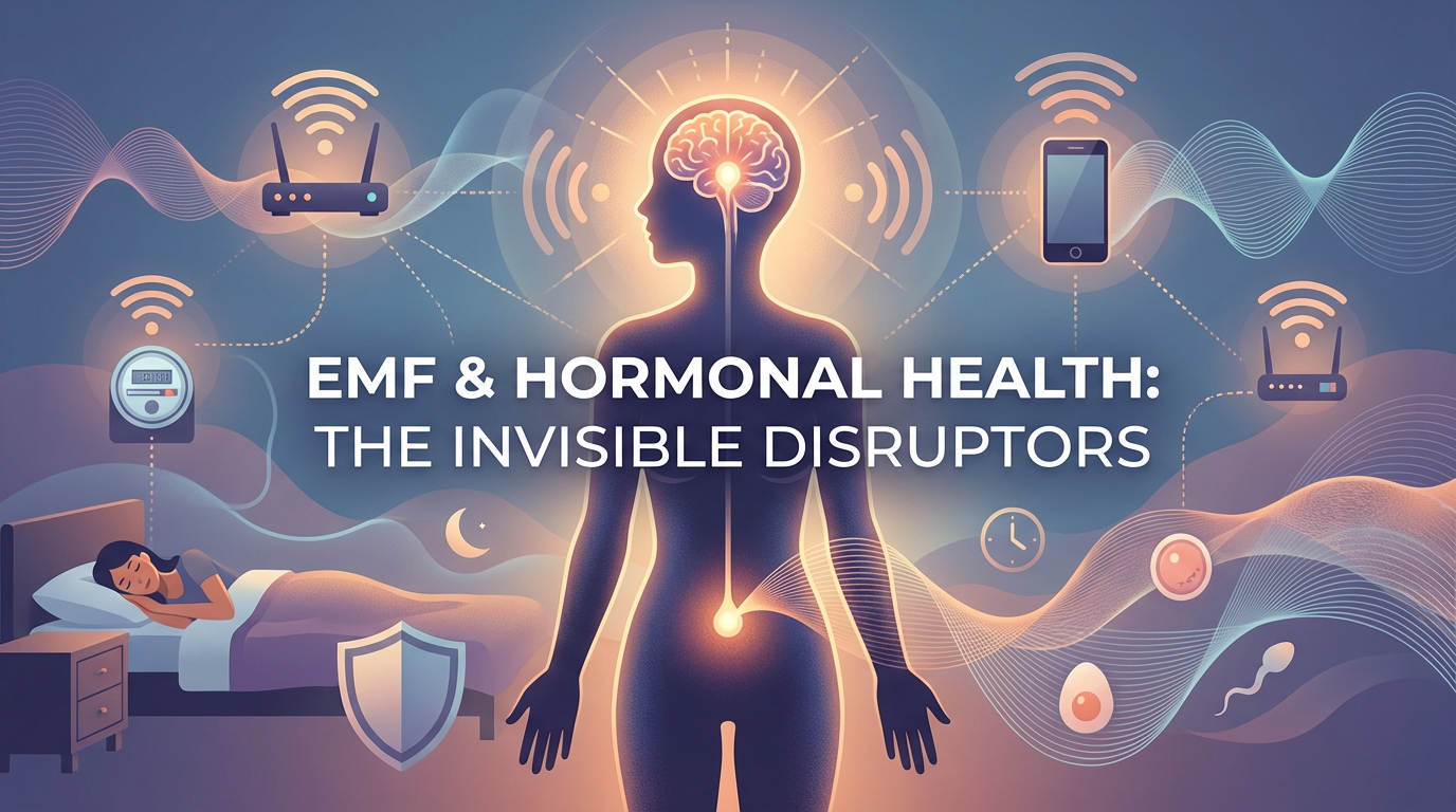 Abstract visualization of invisible electromagnetic waves emanating from household devices like WiFi routers and phones, interacting with a glowing representation of the human endocrine system and pineal gland
