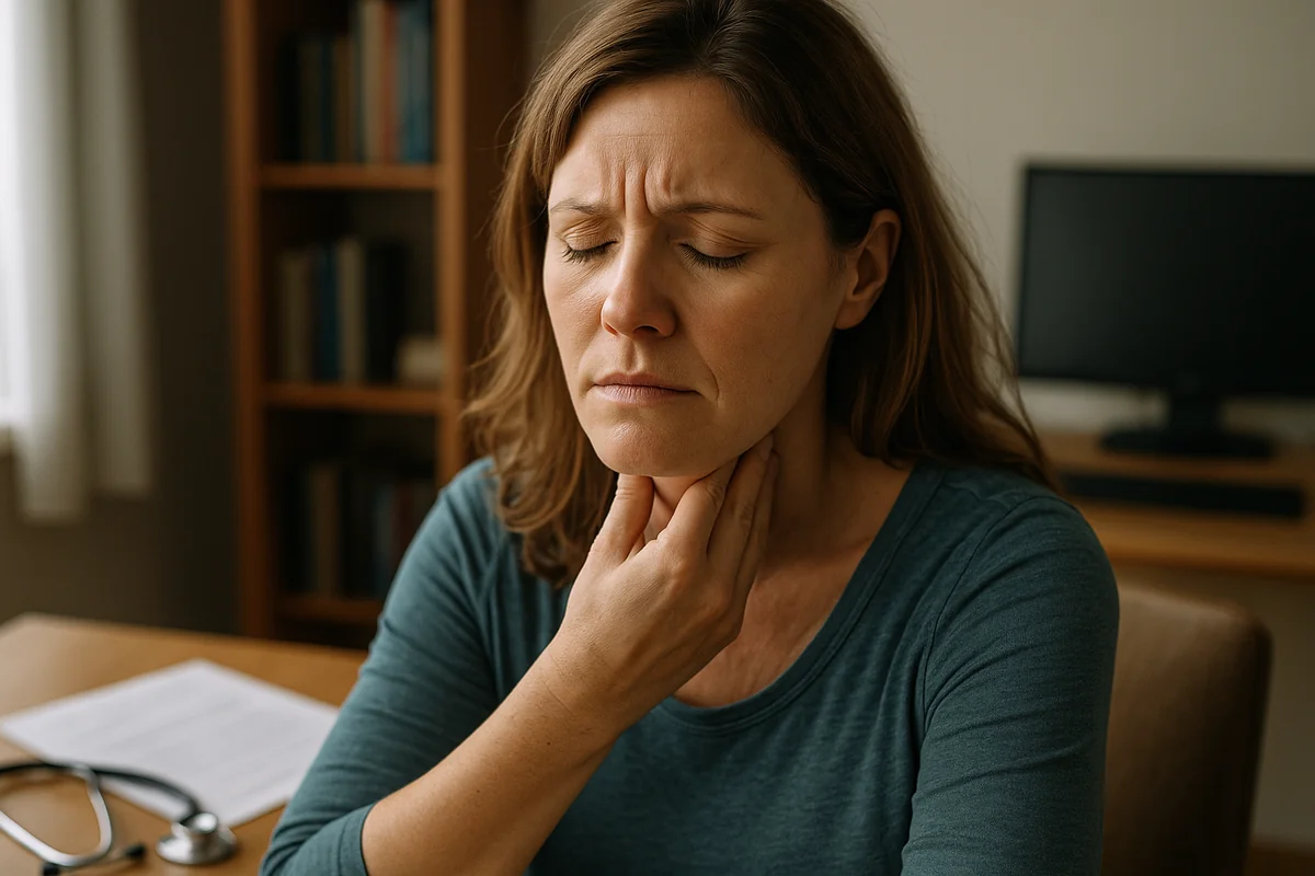 A woman in her late 30s to early 40s with light brown hair sits at a desk in a softly lit room, eyes closed and brow furrowed, gently pressing her hand against her throat in apparent discomfort. A stethoscope, medical papers, and a computer are visible in the background, suggesting a clinical or home health setting.