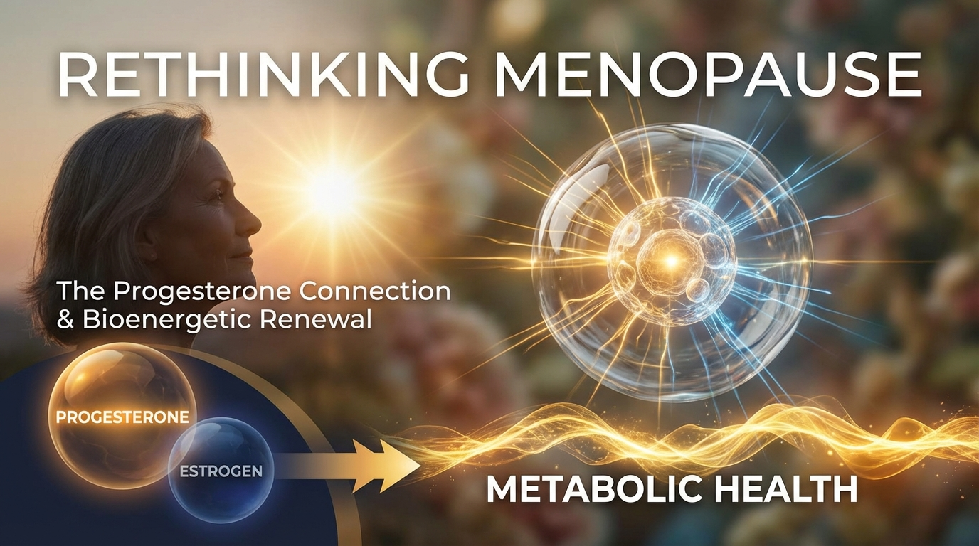 Abstract visualization of hormonal balance during menopause, featuring warm golden energy flowing through cellular pathways representing progesterone and metabolic restoration, contrasting with cooler fragmented elements representing estrogen dominance and stress responses. The composition evokes healing, transformation, and the rediscovery of hormonal equilibrium through bioenergetic understanding.