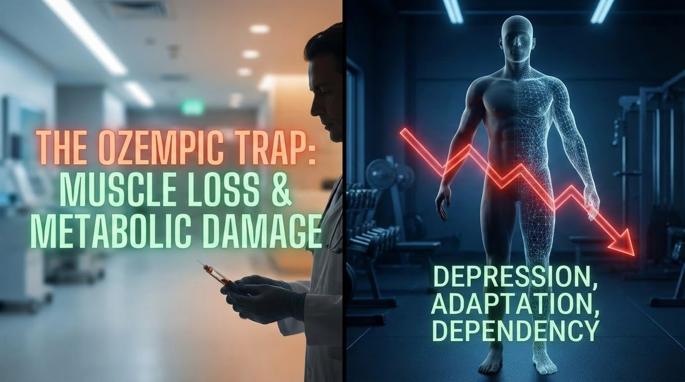Visual representation of the metabolic impact of GLP-1 weight loss drugs, showing the contrast between artificial appetite suppression and true cellular metabolic health restoration