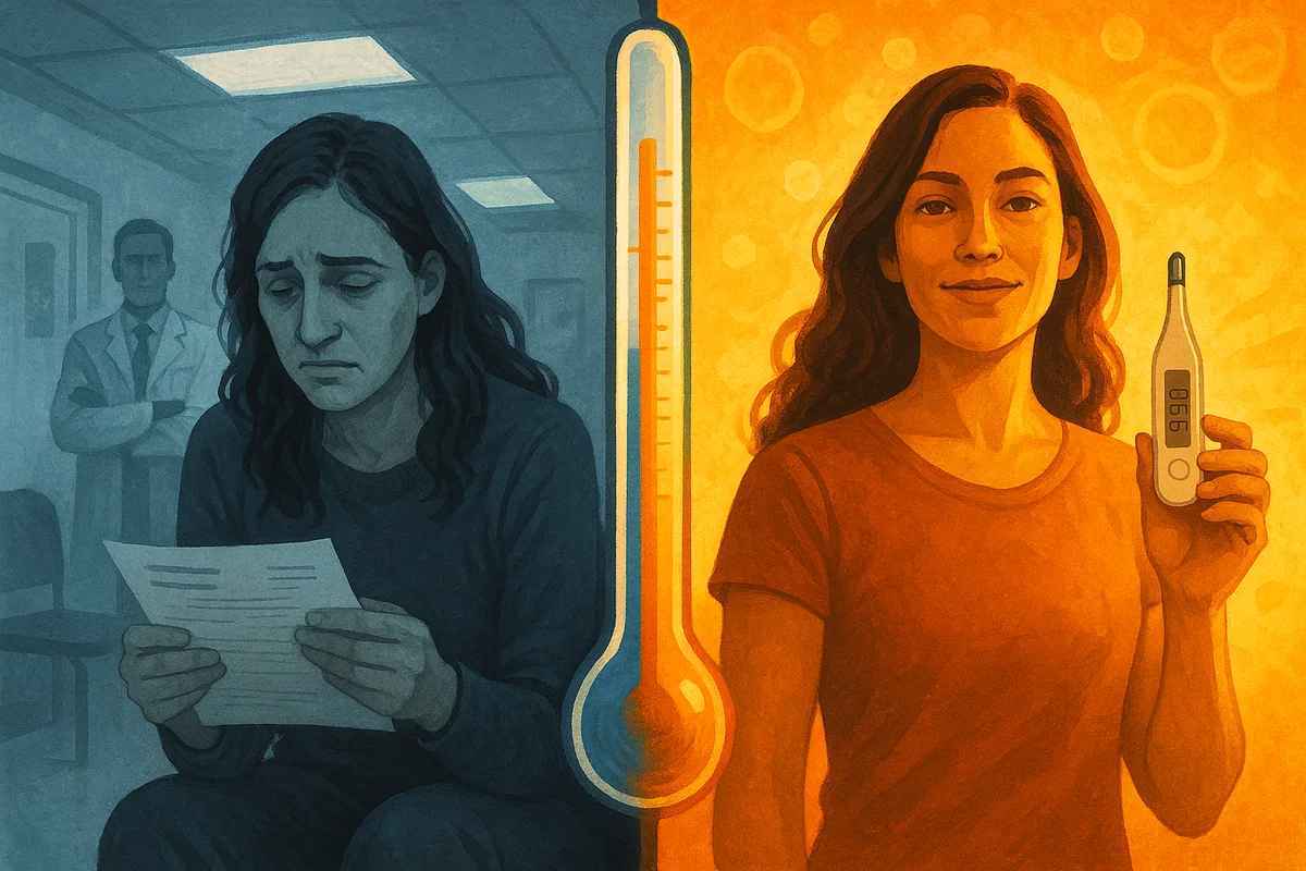 Split-screen illustration showing medical gaslighting transformation: exhausted woman in cold doctor's office on left holding paperwork, same woman vibrant and healthy on right holding thermometer showing 98.6°F normal body temperature, dividing thermometer transitions from blue to golden, representing journey from dismissal to metabolic healing