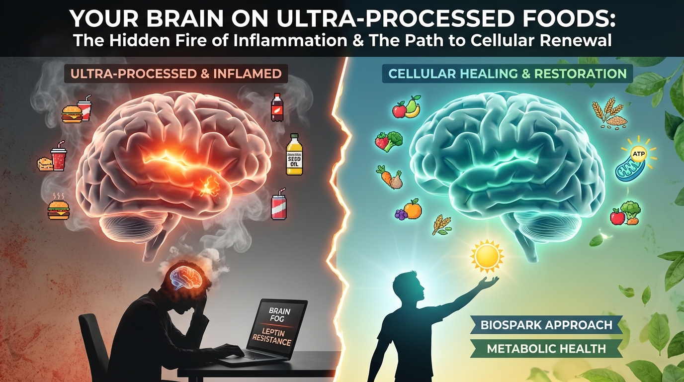 Abstract visualization showing the connection between ultra-processed foods and brain health, with the hypothalamus highlighted as the central regulator of appetite and energy metabolism