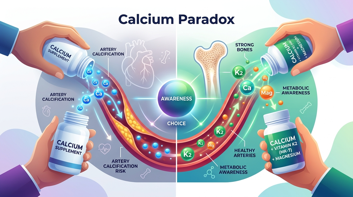 Abstract visualization of calcium crystals being redirected from stiffened arterial walls toward strengthening bone structures, guided by glowing Vitamin K2 molecules acting as cellular traffic signals in a warm gold and blue color palette