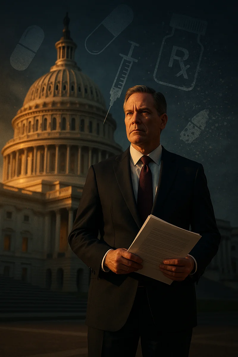Professional editorial image of a businessman in a suit standing confidently in front of the U.S. Capitol building, holding documents, with fading medical symbols in the background representing the exposure of healthcare industry practices.