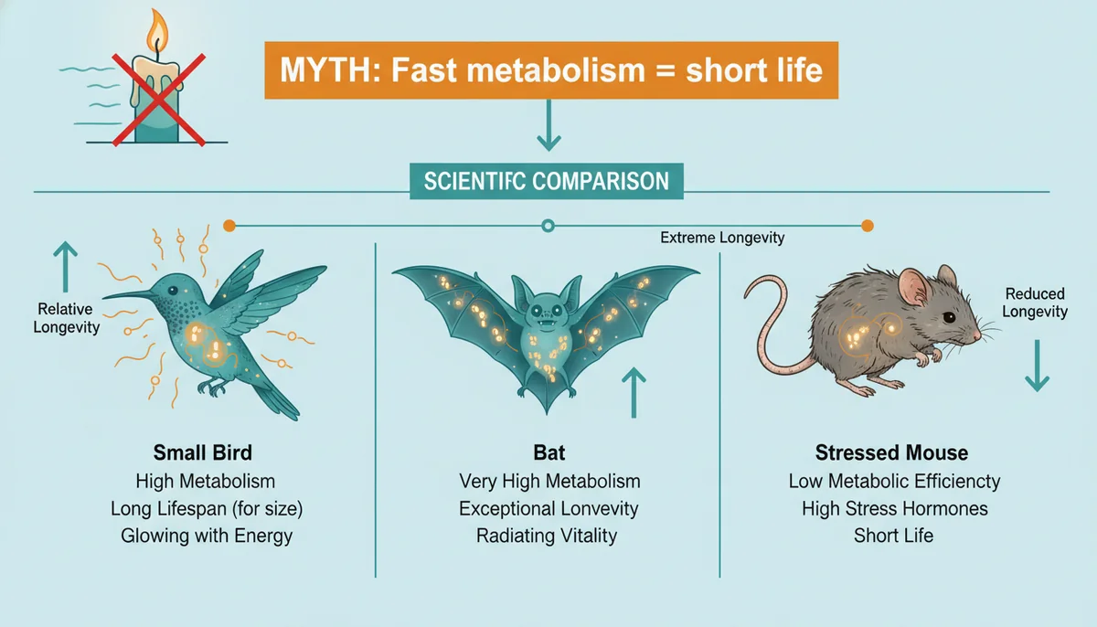 Scientific infographic debunking the rate-of-living theory: comparison of metabolic rates and lifespans showing that efficient high metabolism with low stress correlates with longevity in birds and bats versus metabolically-stressed short-lived rodents