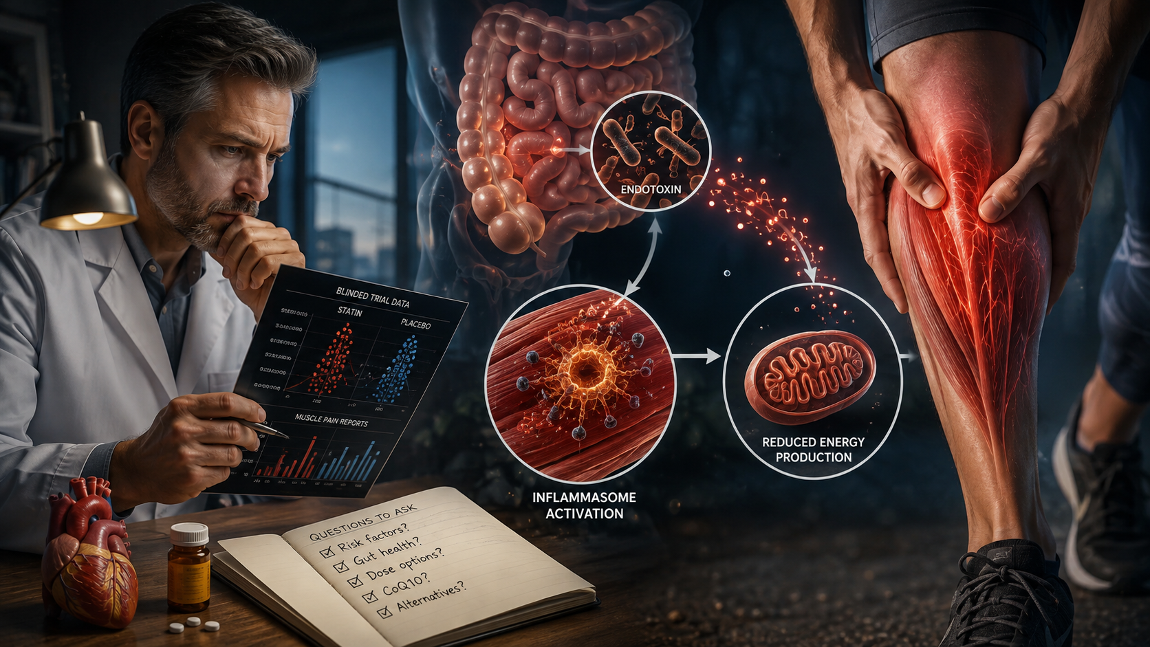 A physician studying blinded trial charts of statin versus placebo muscle pain beside a notebook of questions to ask, with a diagram flowing from gut bacteria labeled endotoxin to inflammasome activation in muscle fiber, to a mitochondrion labeled reduced energy production, ending at a runner gripping a painful glowing calf.