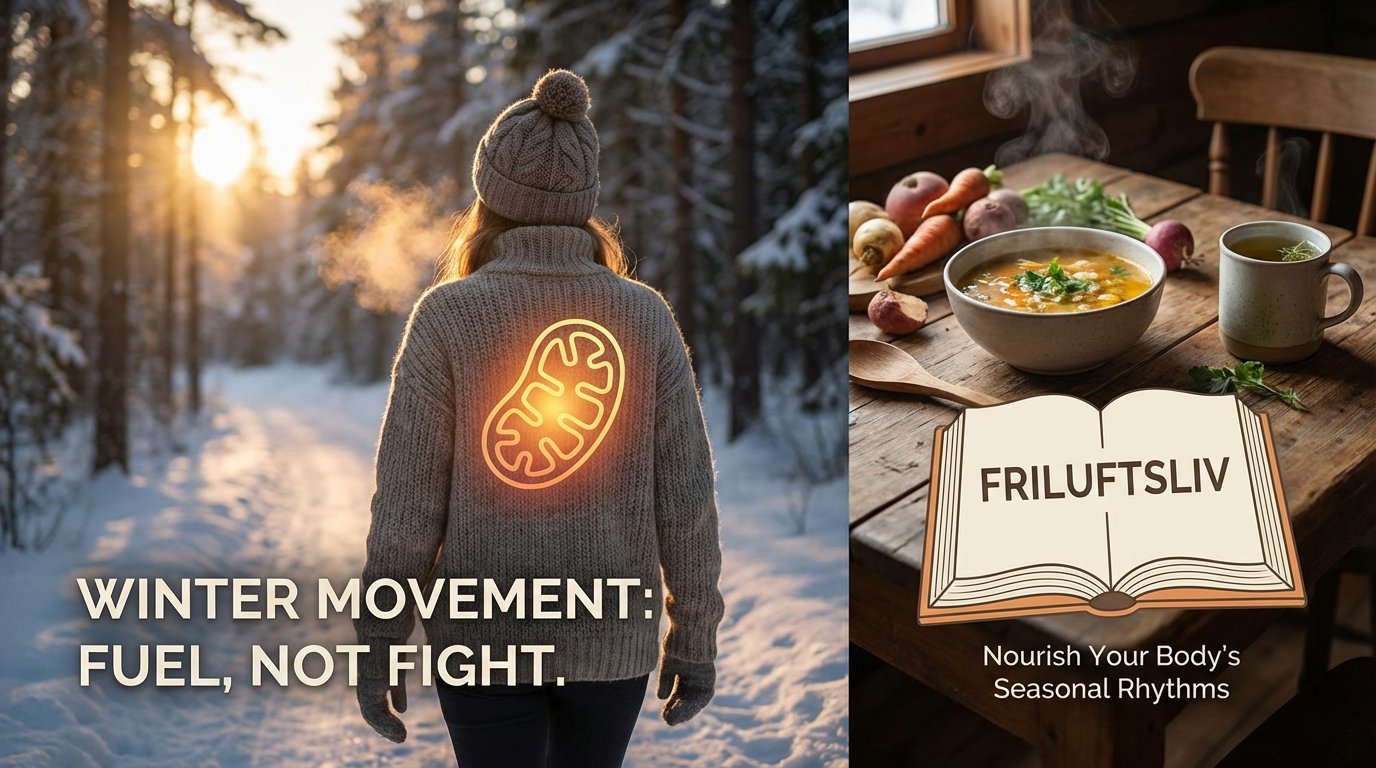 A serene winter landscape evoking the Scandinavian concept of friluftsliv, showing the connection between outdoor movement, cellular energy, and metabolic health during cold months