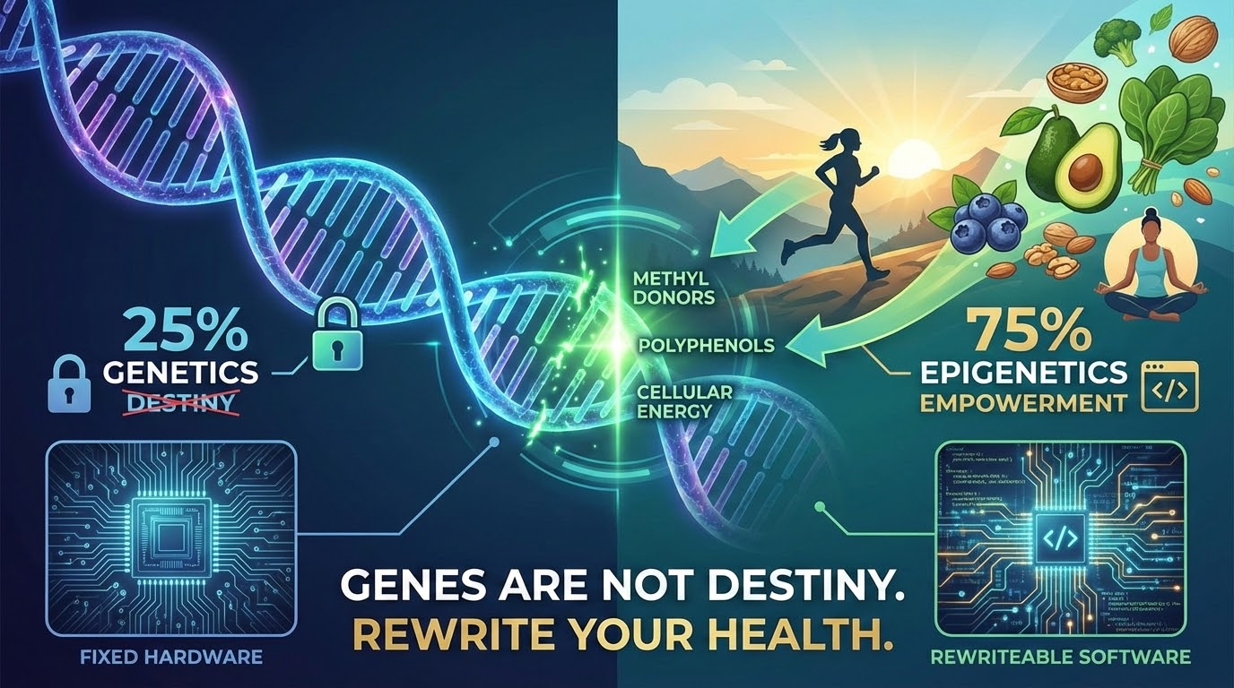 Abstract visualization of DNA double helix transforming from rigid gray structure into vibrant, colorful strands, representing how epigenetic changes can rewrite genetic expression. The image shows the power of lifestyle factors to modify gene activity, with warm golden light emanating from the DNA suggesting energy and transformation.