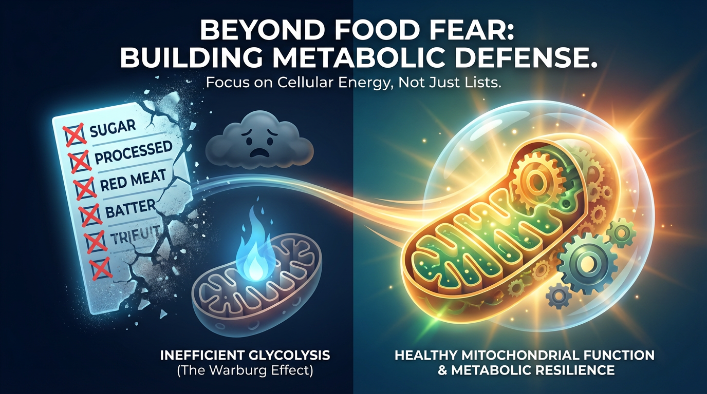 Infographic contrasting food fear lists with metabolic defense, showing inefficient glycolysis on the left versus healthy mitochondrial function and metabolic resilience on the right
